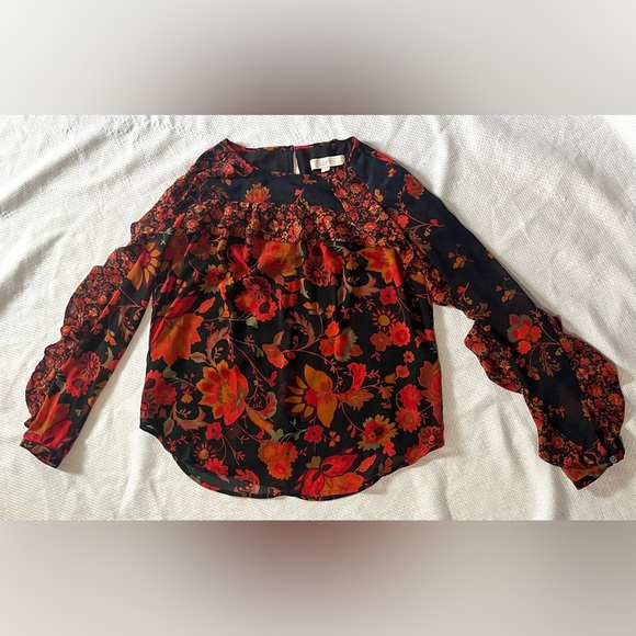 LOFT Black and Red Ruffled Long Sleeve Blouse Women’s Size Small Petite - Picture 1 of 16